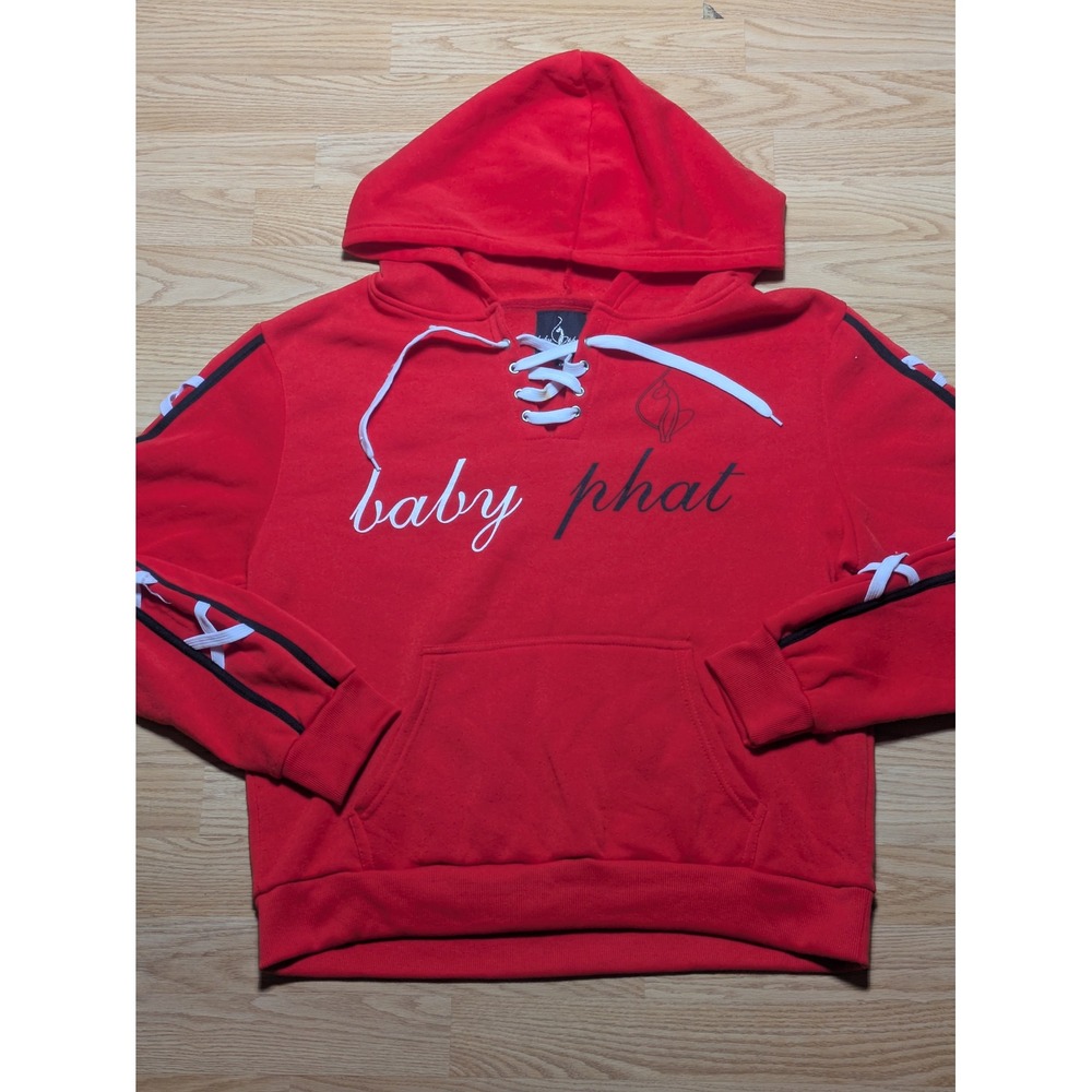 Baby Phat Womens Y2K Lace Up Sleeve Pullover Hoodie Red 2X